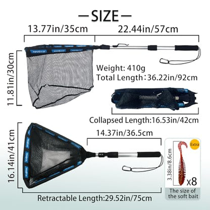 Floating Telescoping Rubber Fishing Net with Handle Lightweight Fly Fish Net Silicone Foldable Freshwater and Saltwater Extendable Fishpond Kayak Fish Landing Net - color: Floating Rubber Coated Net-Silver&Blue-36"