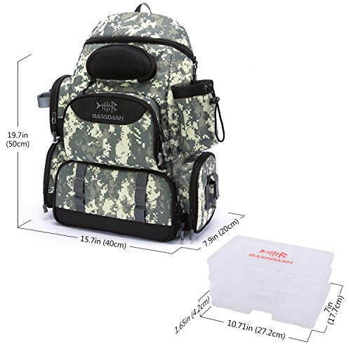 BASSDASH Fishing Tackle Backpack Water Resistant Tactical Bag Soft Tackle Box with Rod Holder and Protective Rain Cover - color: Jungle Camo Backpack [3600] With 3 Trays