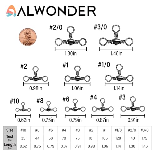 Alwonder 50-Pack 3 Way Swivels Fishing Tackle High Strength Stainless Steel Barrel Swivels 35-175LB Three Way Swivel for Saltwater Freshwater Catfish Rigs Surf Fishing Rigs - size: #3-75LB