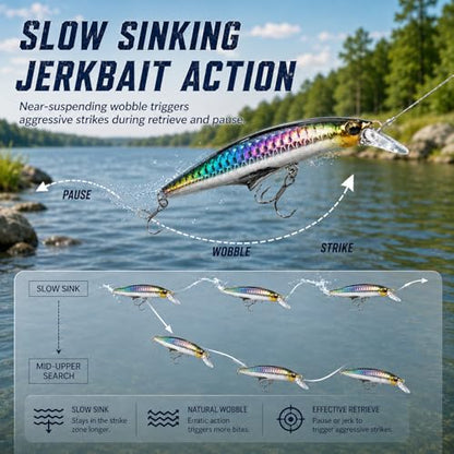 5PCS Sinking Jerkbait Fishing Lures, Long Casting Minnow Hard Baits with Realistic Swimming Action, Freshwater Fishing Lure Set for Bass, Trout, Walleye and Pike - size: 3.35"