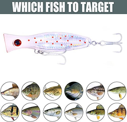 Popper Fishing Lure, JAZALIC Topwater Popper Lures 3D Eyes Fishing Accessories for Saltwater Surface Casting and Freshwater Surface Fishing, Gt Tuna Kingfish Large Predator Fish (5.11in, 1.48Oz) - color: white