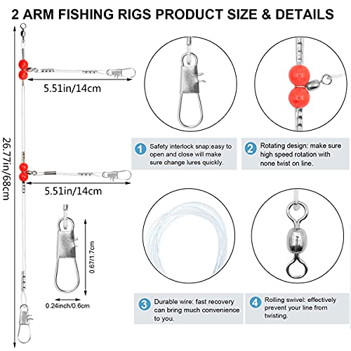 YOTO Fishing Leaders,Saltwater Tackle Rig with Swivels Snap, High-Strength Fishing Wire Gear Equipment for Lures Bait Or Hooks,1Arm and 2Arm - color: White Nylon Leaders, style: 2arm，12pack
