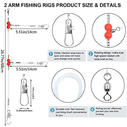 YOTO Fishing Leaders,Saltwater Tackle Rig with Swivels Snap, High-Strength Fishing Wire Gear Equipment for Lures Bait Or Hooks,1Arm and 2Arm - color: White Nylon Leaders, style: 2arm，12pack
