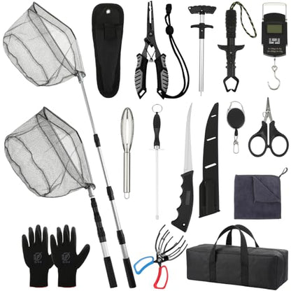 Ceenna 14 Pcs Fishing Tool Kit, Fishing Pliers, Retractable Landing Net, Lip Gripper, Fillet Knife, Digital Scale, Hook Remover, Scaler, Braid Scissors, Sharpener, Tool Retractor Accessories - color: Black