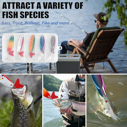 Fishing Spoons Lures Kit Hard Metal Spinner Baits with Treble Hooks, Casting Trout Spoons Jigging Lure for Bass Salmon Pike Walleye Freshwater Saltwater Fishing Lures - size: 1/2oz-5pcs