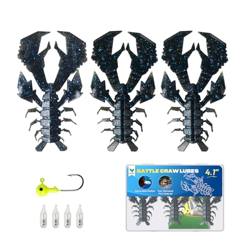 4.1" Crawfish Lure for Bass Fishing, Soft Plastic Craw Bait Kit with Removable Rattles & Jig Head, Reusable Bait Box for Freshwater Bass - color: blue