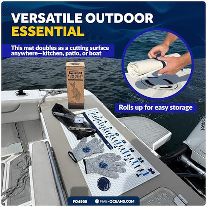 Five Oceans Fish Fillet Mat Kit 28" x 14", Complete Fishing Fish Cleaning Set with Non-Slip Fillet Mat, 24" Integrated Ruler, Fillet Knife, Cut-Resistant Gloves & Cleaning Brush, Easy-Clean - FO4908 - color: Fish Fillet Mat Kit