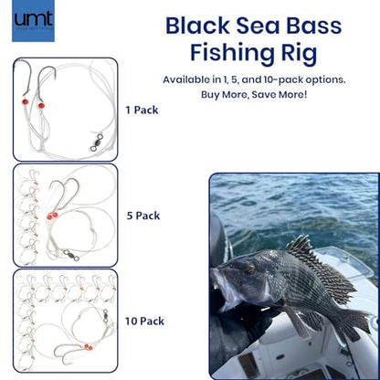 Sea Bass Hi/Lo Saltwater Fishing Rigs 1, 5 &10 Pack Bulk Options - Uncle Mo’s Tackle – Mustad Size 3/0 Bait Hook, 60lb Heavy Duty, 80lb Swivel & Sinker Loop, Hand Tied - for Fluke Porgy Snapper Croaker Sea Trout Tautog Spot Pompano - size: 5 Pack