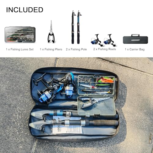 2 Pack 2.1m/6.89ft Telescopic Spinning Fishing Rod Reel Combos with Carrier Bag, Lures, Pliers for Saltwater Freshwater Fishing