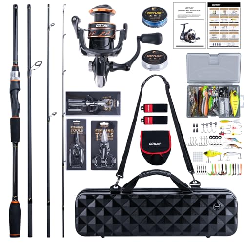 Goture Spinning Fishing Rod & Reel Combo with Carrier Bag,6.6-9FT,Spin Reels, Lures Kit, Pliers, Braided Line, Fish Gripper, Carbon Fiber Freshwater Fishing Rod Full Kit for Starter - size: 8FT: Spinning Rod, style: A - Xceed 4 Pieces Rod (Inc. Reel Bag &