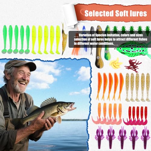 EXAURAFELIS Fishing Lures Tackle Kit, Mixed Hard & Soft Baits Metal Spoons Fishing Accessories for Bass Trout Pike Freshwater Saltwater Fishing - color: 130pcs