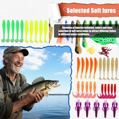EXAURAFELIS Fishing Lures Tackle Kit, Mixed Hard & Soft Baits Metal Spoons Fishing Accessories for Bass Trout Pike Freshwater Saltwater Fishing - color: 130pcs