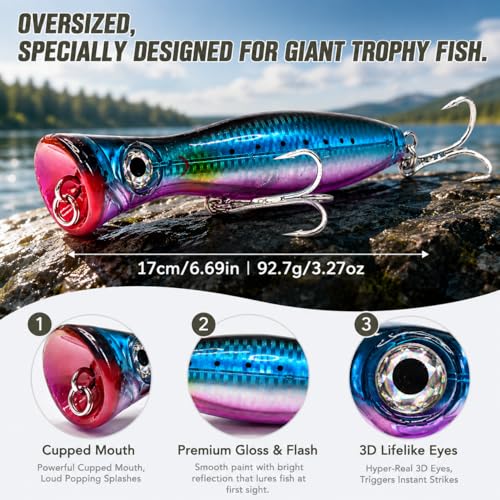 6.7-Inch Offshore Saltwater Popper Lures, 3.27 oz Topwater Fishing Lures for Long Casting & Boat Trolling, Tuna, Striped Bass, Bluefish & GT, Heavy-Duty Treble Hooks, 2-Pack with Storage Box