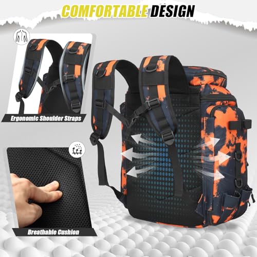 HAMBOLY Fishing Backpack 45L with Rod Holders, Water-Resistant Tackle Backpack for Fishermen, Large Capacity Fishing Gear Bag for Travel Hiking Camping - color: Black and Orange Graffiti