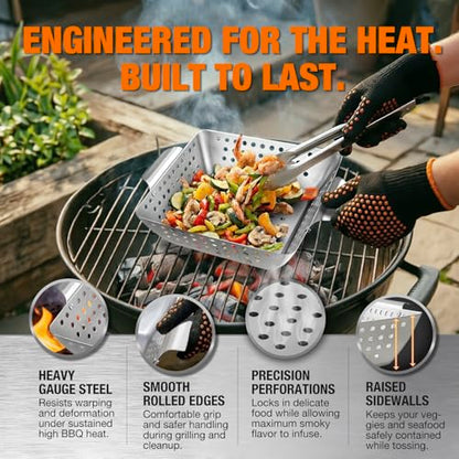 3 Piece Stainless Steel Grill Basket Set with Basting Brush, Heavy Duty Small Vegetable Grill Basket for Outdoor Grill - Perforated Compact BBQ Grill Pan & Wok Accessories for Gas, Charcoal, Veggies