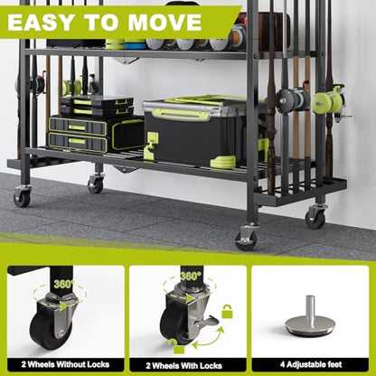Fishing Rod Holders for Garage, Fishing Rod Stand with Wheels and Pegboard, 3-Tier Pole Storage Rack with 8 Hooks and 12 Rod Slots, Ideal for Tackle, Backpacks, and Gear - color: Black