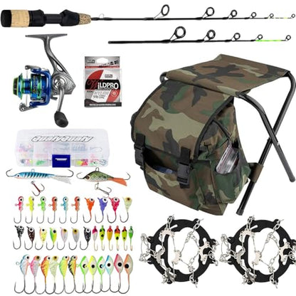 QualyQualy Ice Fishing Rod Reel Combo Complete Set Ice Fishing Gear with Backpack Seat Ice Cleats Ice Fishing Jigs Line Full Ice Fishing Kit 24" 26" - style: Spinning Reel Combo