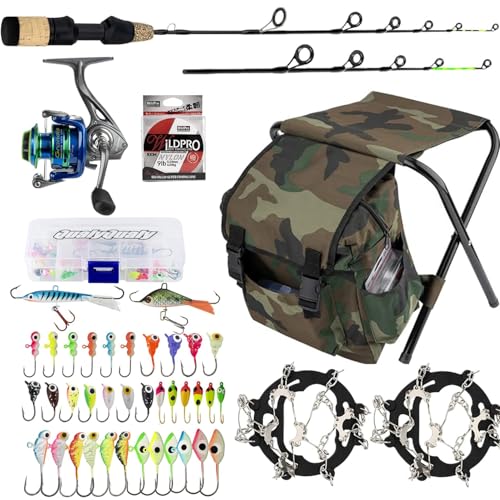 QualyQualy Ice Fishing Rod Reel Combo Complete Set Ice Fishing Gear with Backpack Seat Ice Cleats Ice Fishing Jigs Line Full Ice Fishing Kit 24" 26" - style: Spinning Reel Combo