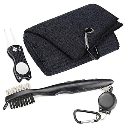 Mile High Life Microfiber Waffle Pattern Golf Towel | Club Groove Cleaner Brush | Foldable Divot Tool with Magnetic Ball Marker (Black Towel/Brush/Fish Divot) - color: Black Towel/Brush/Fish Divot