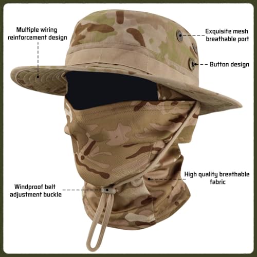 Camo Boonie Sun Hat with Balaclava Face Mask UV Protection Fishing Hat Bucket Hat for Hunting Hiking Military Tactical Safari - color: Camo Desert