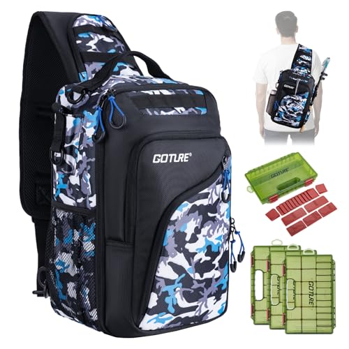 Goture Camouflage Fishing Tackle Bag, 1680D Water-Resistant Sling Fishing Backpack with Rod Holder, Anti-Slip Waist Strap, Tackle Bag with 3 3600 Trays, Fishing Gifts for Men Saltwater Freshwater - color: Blue Camouflage, style: 1680d Double-strand Pu Bac