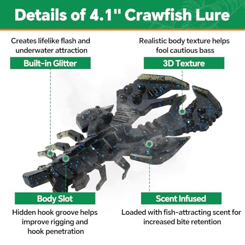 4.1" Crawfish Lure for Bass Fishing, Soft Plastic Craw Bait Kit with Removable Rattles & Jig Head, Reusable Bait Box for Freshwater Bass - color: blue+red+green