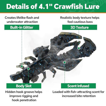 4.1" Crawfish Lure for Bass Fishing, Soft Plastic Craw Bait Kit with Removable Rattles & Jig Head, Reusable Bait Box for Freshwater Bass - color: blue+red+green