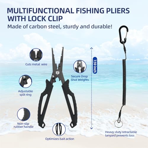 RAWILL Fishing Kit,Filleting Knife,Hook Remover,Fish Grip, Line Cutter,Fishing Scale, Pliers with Lanyards,Not Include Batteries - color: Black