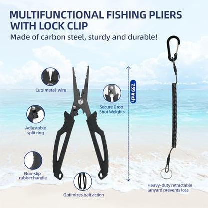 RAWILL Fishing Kit,Filleting Knife,Hook Remover,Fish Grip, Line Cutter,Fishing Scale, Pliers with Lanyards,Not Include Batteries - color: Black