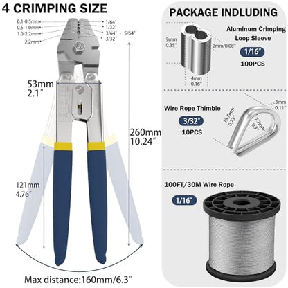 Wire Rope Crimping Tool Kit, 100FT Stainless Steel Cable, 100PCS Aluminum Crimping Loop Sleeve, Wire Rope Thimble