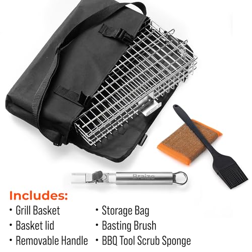 Adjustable Grill Basket with Removable Handle – 4 Height Levels for Vegetables, Meat, Fish & More – Locking Lid - Basting Brush, Scrub Sponge & Storage Bag for Outdoor Cooking - size: Adjustable w/ Sponges
