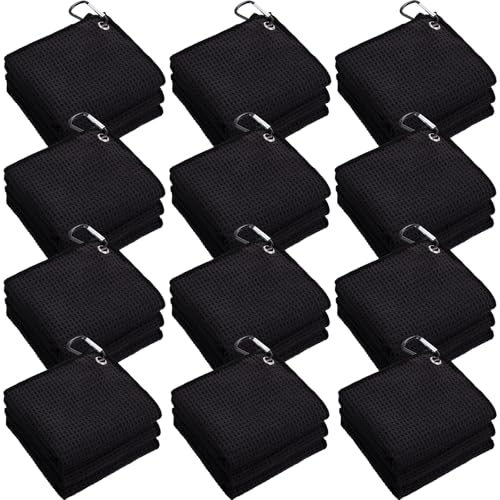 Batiyeer 12 Pcs Golf Towel Bulk for Golf Bags Microfiber Fabric Towel with Clip Waffle Pattern, Fitness, Camping, Hiking, Yoga - color: Black