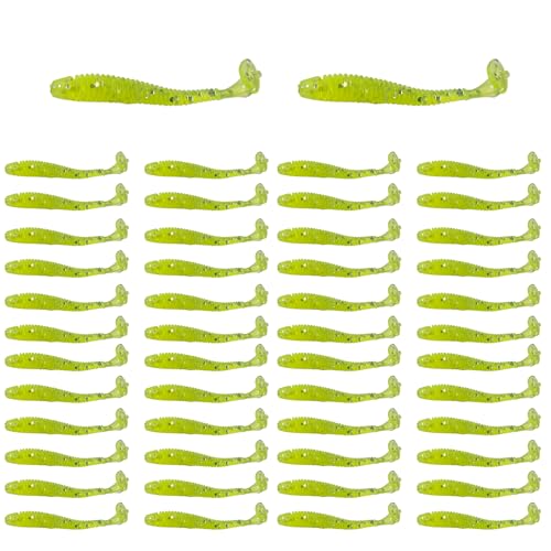 50PCS 5cm Soft Plastic Fishing Lures, PVC Paddle Tail Swimbaits for Bass Trout Walleye Crappie, T-Tail Grub Worm Baits Tackle Accessory - color: Green