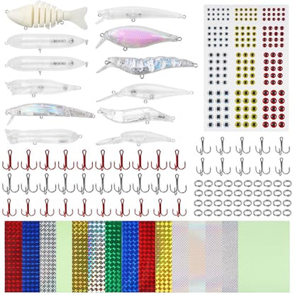 Unpainted Fishing Lures Making Kit, 286pcs DIY Lure Blank Crankbaits Minnow Hard Bait Set with Treble Hooks,Split Rings,3D Eyes,Fishing Lure Stickers Pliers DIY Fishing Tackle - style: 290pcs Kit