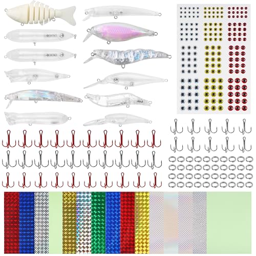 Unpainted Fishing Lures Making Kit, 286pcs DIY Lure Blank Crankbaits Minnow Hard Bait Set with Treble Hooks,Split Rings,3D Eyes,Fishing Lure Stickers Pliers DIY Fishing Tackle - style: 290pcs Kit