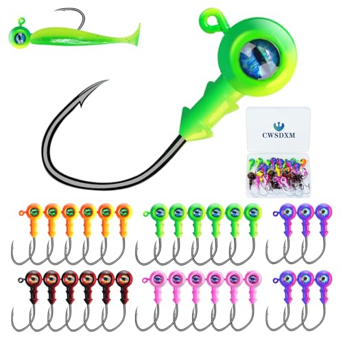 Round Jigs Heads for Fishing, 3D Eyes Ball Head Hooks with Stacked Cone Keeper, 1/8oz 1/5oz 1/4oz 3/8oz Crappie Jig Heads for Bass Fishing Trout Crappie Panfish Walleye - size: 1/8oz(3.5g)-30PCS