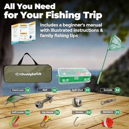 DaddyGoFish Kids Fishing Pole - Rod Reel Combo Tackle Box Starter Set - First Year Small Gear Kit for Boys Girls Toddler Youth Age Beginner Little Children - color: Green (Essential Set), size: 5ft