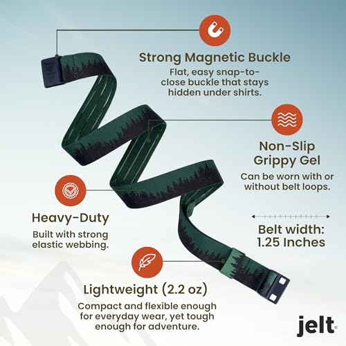 JeltX Adjustable Elastic Belts for Men and Women, Non-Slip Stretch Belt with Magnetic Belt Buckle and Grippy Gel - color: Treeline