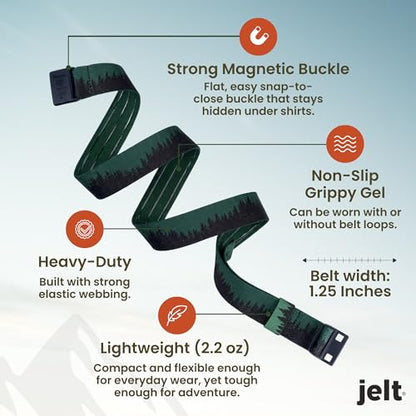 JeltX Adjustable Elastic Belts for Men and Women, Non-Slip Stretch Belt with Magnetic Belt Buckle and Grippy Gel - color: Treeline