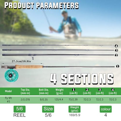 Sougayilang 5/6 Weight 9ft Fly Rod, 4-Piece Graphite Rod, Die Cast Aluminum Reel, Carrying Case, Fly Box & Fishing Flies Combo Starter Kit - color: Fly Fishing Combo #5-Turquoisee