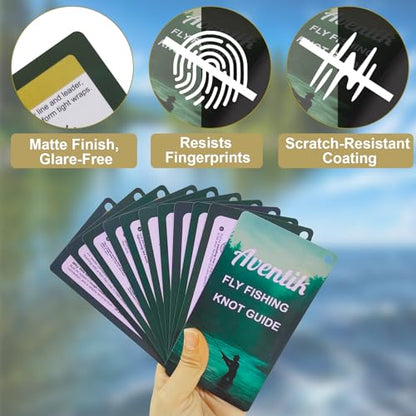 Aventik Fly Fishing Knot Tying Guide Cards with Zinger, Saltwater & Freshwater Laminated Reference, 4 Pro Setup Chains, 15 Essential Knots, Ruler & US Fishing Info QR, Fishing Gear Tool Gifts