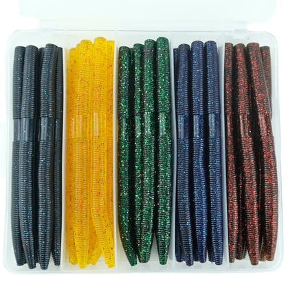 Wacky Worm Bass Lures Kit: 40PCS 5" Senko Worms with Storage Box | Slow-Sink Fishing Baits for Freshwater Saltwater