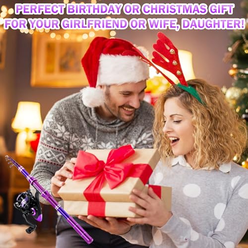 Fishing Rod and Reel Combos, Carbon Fiber Telescopic Fishing Pole Kit with Spinning Reel, Fishing Line, Fishing Lures, Travel Bag for Woman Girl Beginner Saltwater Freshwater - color: DARK PURPLE