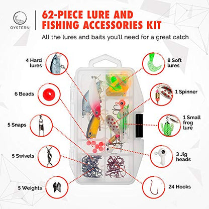 Kid’s Fishing Pole Kit with Spinning Reel - 62 Piece Tackle Bag, 4lb Line - Including Beginner’s Guide eBook - Toddler Fishing Pole Combo - Youth Telescopic Portable Rod - Kids Fishing Gear