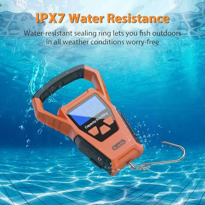 Dr.meter Fish Scale Waterproof: Luggage Weight Scale with Bigger Handle and Hook Upgraded IPX7 110lb/50kg Backlit LCD Display Digital Hanging, Built-in Tape, Battery Included, Fishing Gifts for Men