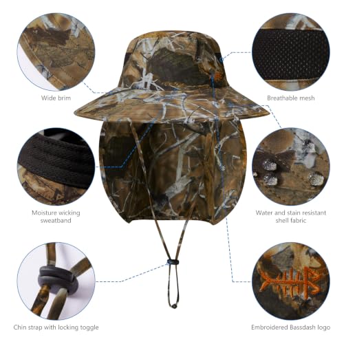 BASSDASH UPF 50+ Breathable Sun Hat with Removable Face Cover and Neck Flap Wide Brim Bucket Hat for Fishing Hiking Men Women - color: Autumn Forest