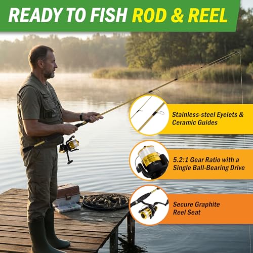 Fiberglass Fishing Pole - Strike Series 78-Inch Collapsible Rod and Spinning Reel Combo, EVA Handle, Pre-Spooled Reel, Fishing Gear for Catching Walleye, Bass, Trout, and More by Wakeman - color: Trophy Gold
