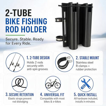Bike Fishing Rod Holder,Fishing Rod Holder for Bike Frame,Bicycle Fishing Pole Holder with Stainless Steel R-Clamps & Elastic Straps,Secure Bicycle Rod Holder,Fits Most Rods with Reels