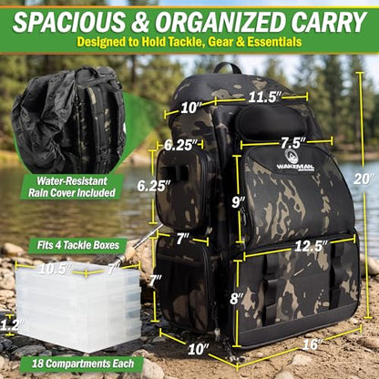 Fishing Backpack with Tackle Boxes, Rod Holders, 7 Zippered Storage Pockets and Water-Resistant Cover - Tactical Backpack Tackle Bag for Fishing Gear and Equipment by Wakeman Outdoors (Camo Black)