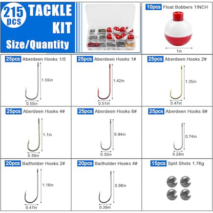 215pcs Fishing Bobbers Hooks and Sinkers, Beginners Fishing Tackle Kit | Basic Handy Fishing Tackle Box Kit for Artificial and Live Baits, Trout Panfish